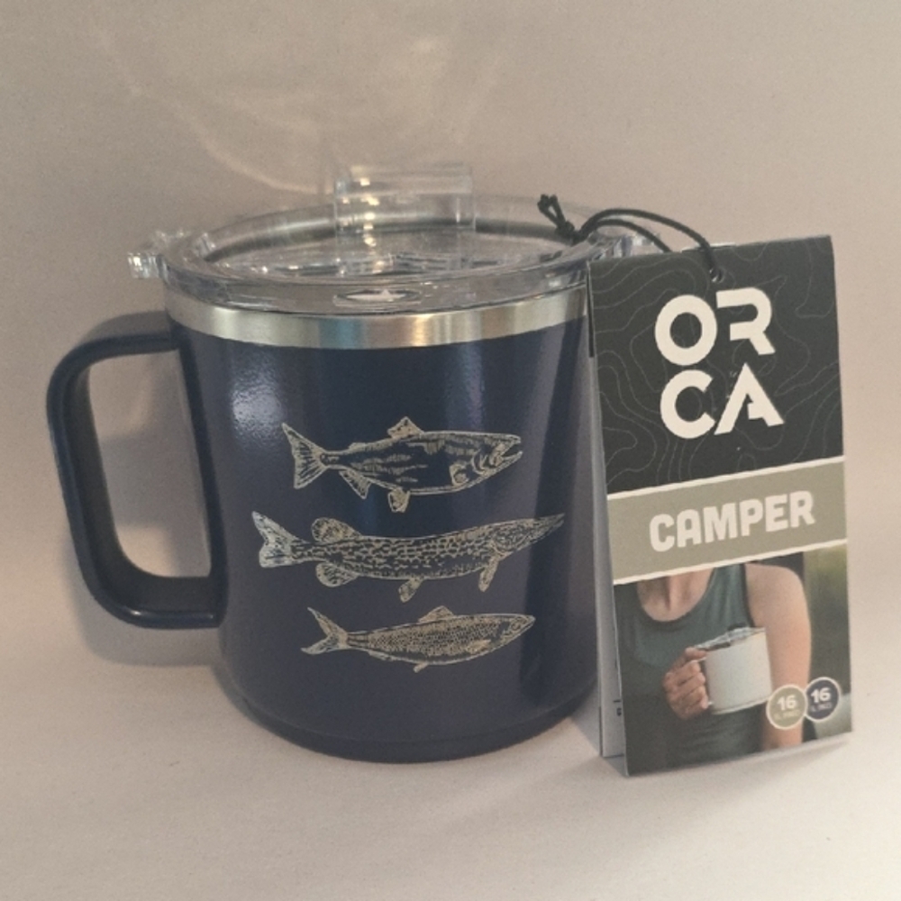 ORCA Camper Coffee Mug with Fish Design Navy Blue NWT